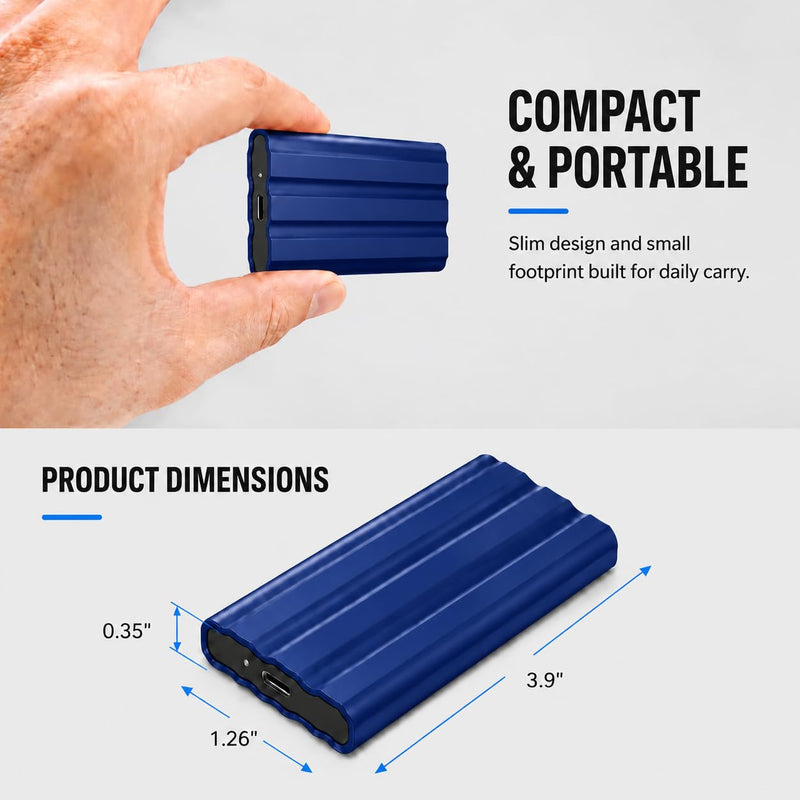 External Hard Drive,Slim External SSD, Portable External Solid State Hard Drive Compatible with PC, Mac, Laptop -Blue 1TB