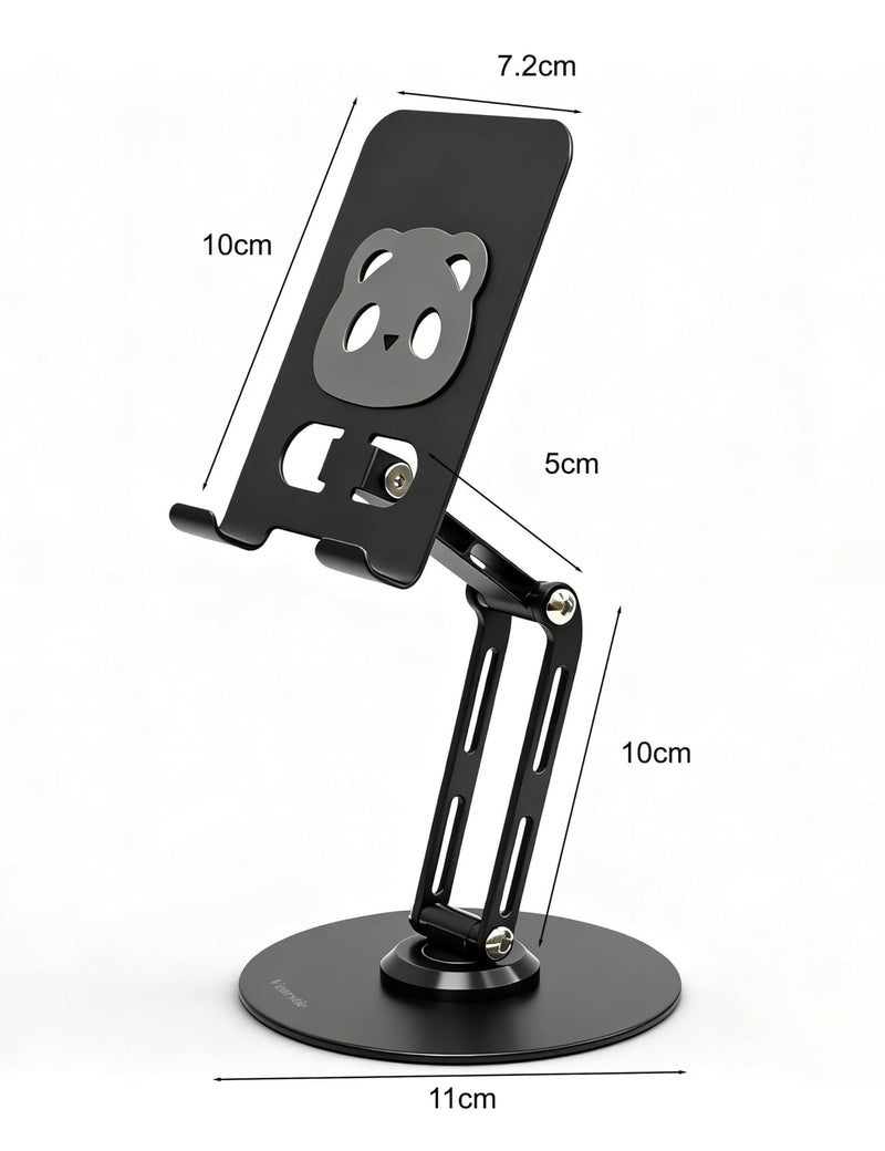 All-Metal 360° Rotating Desk Phone Stand for 4-8" Phones & Tablets | Dual-pole adjustable design, carbon steel base, anti-slip silicone pads, case-friendly, scratch resistant, heat dissipation black