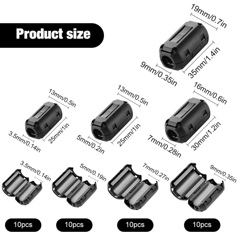 Riisoyu Pack of 40 Ferrite Cores for Cables, Ferrite Ring Core Folding Ferrite Ferrite Clip-on Ferrite Ferrite Cable Clamp for Cable RFI, EMI 3/5/7/9 mm Inner Diameter, Black