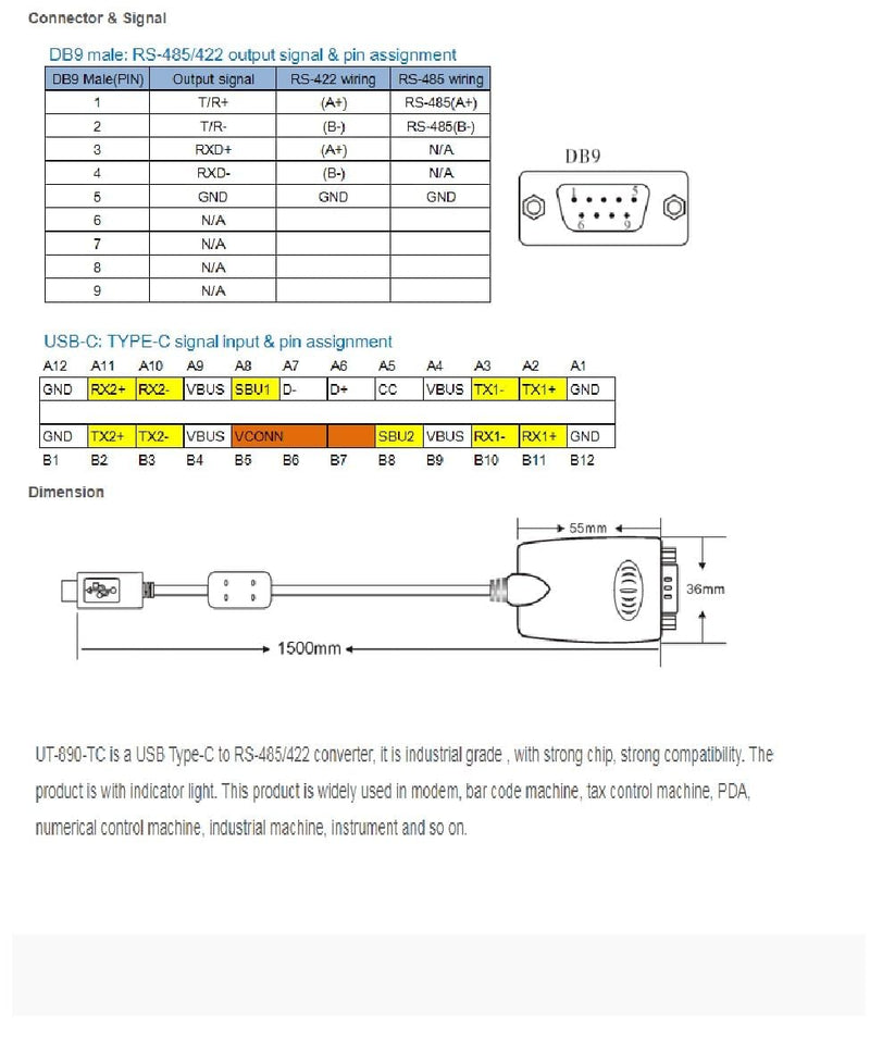 [AUSTRALIA] - UOTEK UTEK UT-890-TC USB Type-C to RS-485/422 Serial Converter with ESD Protection 