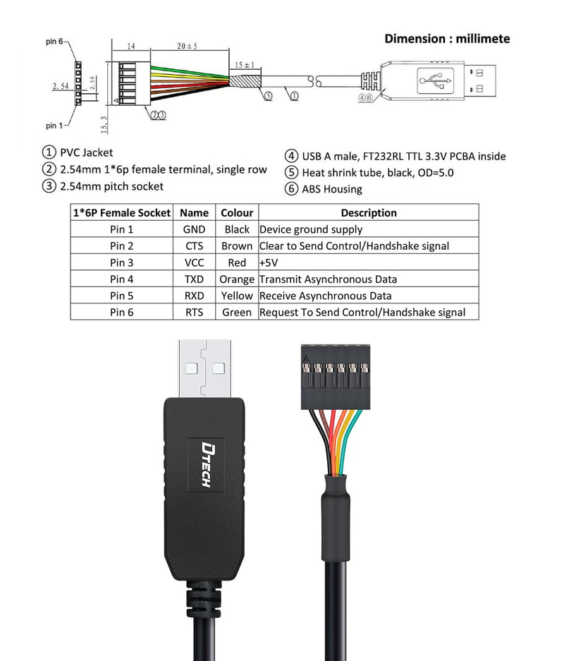 DTECH 3ft USB to TTL Serial Cable 3.3V 6 Pin UART Adapter Debug Cord Compatible with Windows 11 10 8 7 Linux MAC OS Genuine FT232RL Chip 6Pin 3v3 Level Signal 2.54mm Dupont Female Header