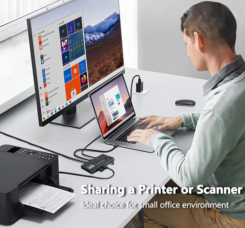 USB 3.0 Switch Selector, USB Switcher 2 Computers Sharing 3X Type A/USB C | USB C Switcher with 3 Cable, Hub PC Mouse Keyboard Hard Drives Printer One Button Switch Adapter with Windows Mac Linux 4K