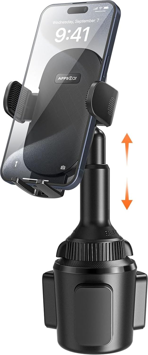 APPS2Car Universal Car Cup Phone Holder | Quick Extension Long Arm | 360° Swivel | Adjustable for iPhone, Samsung, Google, and All Smartphones | Stable & No Shake Design Black