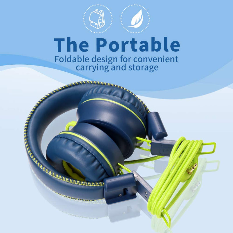 POWMEE M2 Kids Headphones Wired Headphone for Kids,Foldable Adjustable Stereo Tangle-Free,3.5MM Jack Wire Cord On-Ear Headphone for Children/Teens/Girls/School/Kindle/Airplane/Plane/ (Blue) Blue