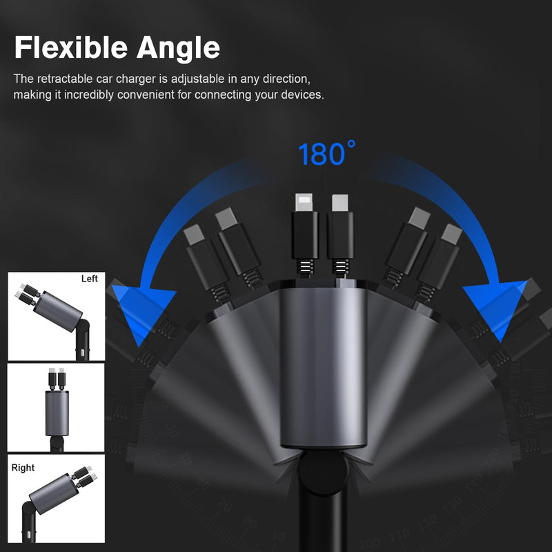4 in 1 Retractable Car Charger, USB C Fast Charging Adapter[Max100W] with Lightning Cable&Dual Charge Port Compatible with iPhone 15/14/13/12/11 Pro Max Plus/iPad/AirPods,Galaxy,Google