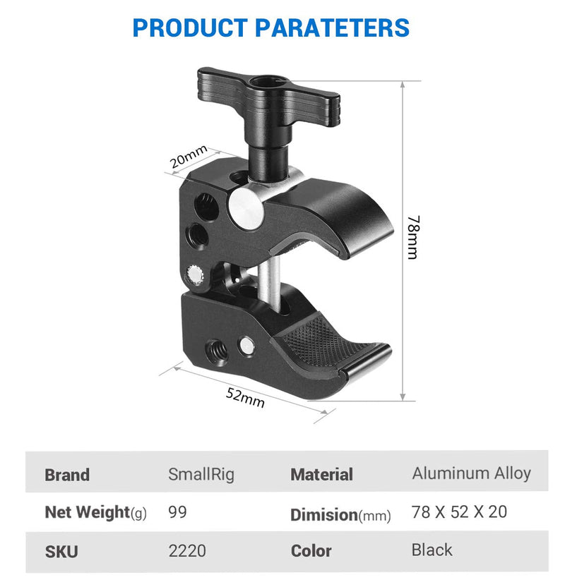 [AUSTRALIA] - SMALLRIG Super Clamp with 1/4"-20 Thread Holes, 3/8"-16 Locating Pin for ARRI Standard, T-Shaped Wingnut and Rubber Pads 