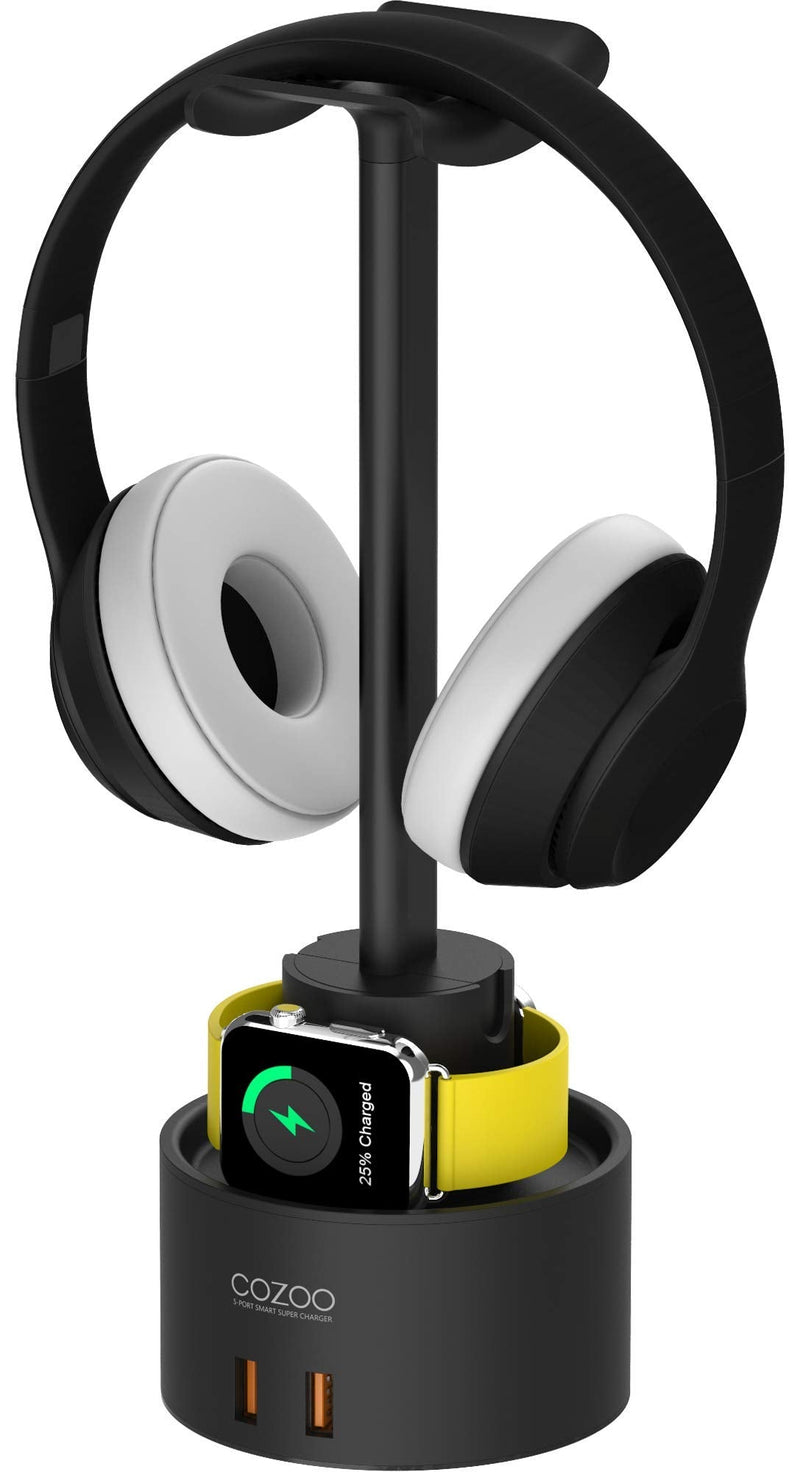 Headphone Stand with 5 USB Charger COZOO Desktop Gaming Headset Holder Hanger with 5 USB Charging Station,Watch Stand and Watch Wireless Charging,Accessories for Gaming,DJ,Wireless Earphone Display