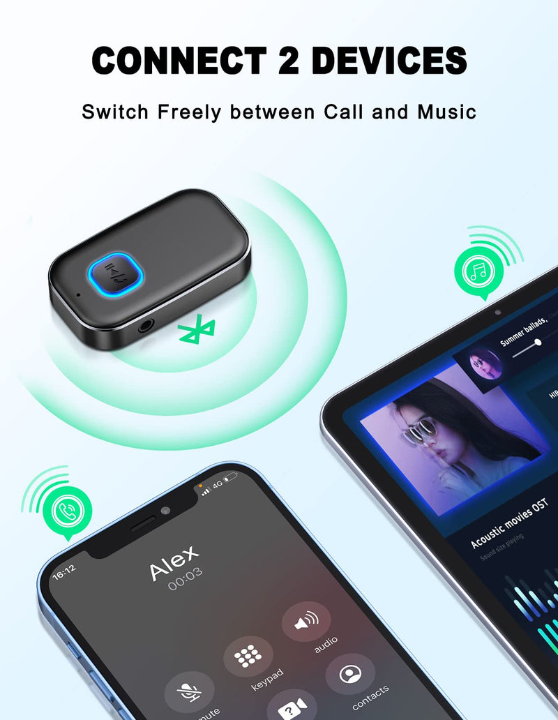 COMSOON Bluetooth AUX Adapter for Car, Noise Reduction Bluetooth Receiver for Music/Hands-Free Calls, Wireless Audio Receiver for Home Stereo/Speaker, 16H Battery Life/Dual Connect (All Black) All Black