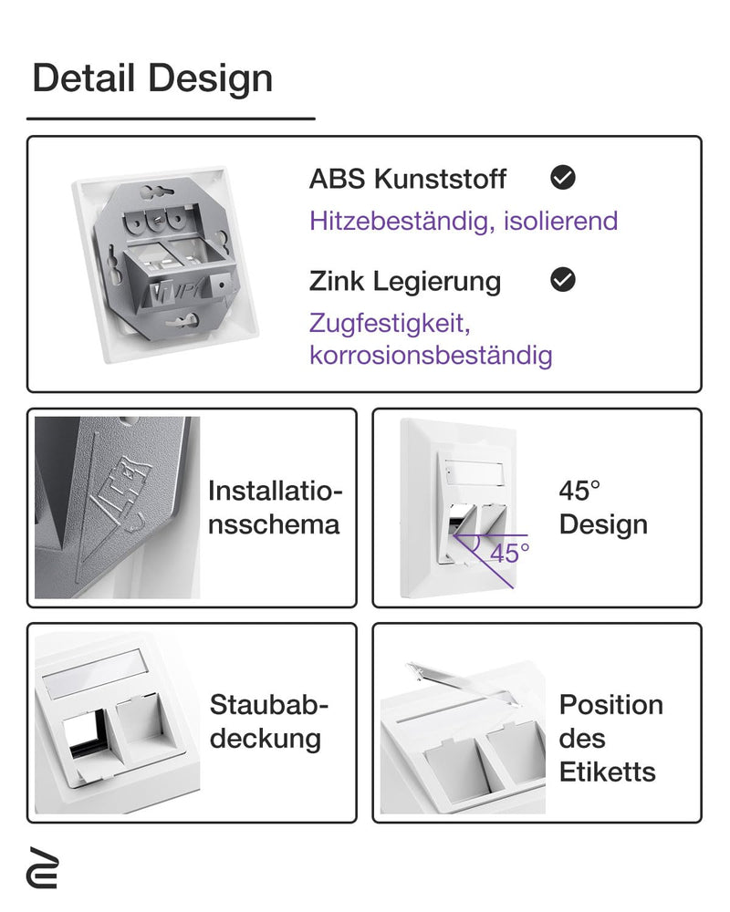 VCELINK Keystone Network Sockets Flush-Mounted CAT8 2-Way Lan Socket Double Keystone RJ45 Module STP Fully Shielded RJ45 Ethernet Data Socket DSL Patch Cable Installation Cable 2-Pack