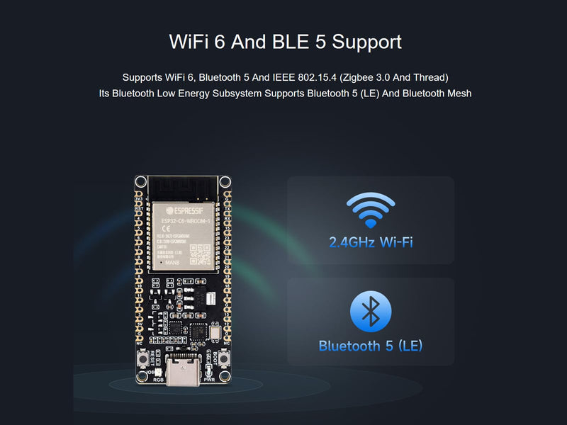waveshare ESP32-C6 RISC-V Microcontroller Development Board Integrated WiFi 6, Bluetooth 5 and IEEE 802.15.4 (Zigbee 3.0&Thread), Adopts ESP32-C6-WROOM-1-N8 Module, Support USB and UART Development