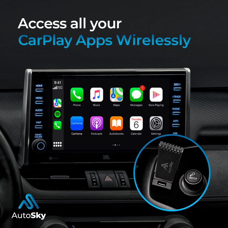 AutoSky Wireless CarPlay Adapter 2023 Pro Edition - Fastest and Most Compact Wireless CarPlay Adapter Factory Wired CarPlay Cars – USB-A and USB-C Cables – Wired CarPlay Required