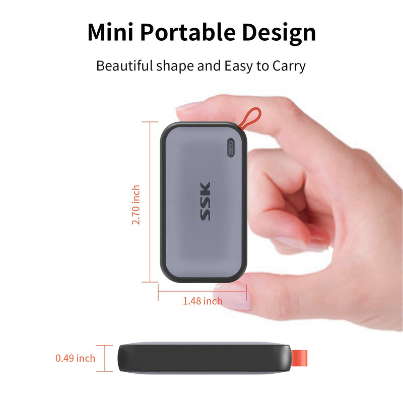 SSK Portable SSD 250GB External Solid State Hard Drive USB C Up to 1050MB/s | USB3.2 Gen2 A&C Cable, SMART & TRIM, 4KHDR ProRes, LED Light, OTG, iPhone 15/16/17Pro Wide Compatible, Aluminum