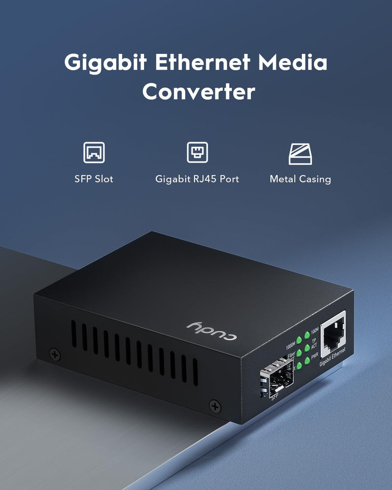 Cudy Gigabit SFP to RJ45 Media Converter Plug and Play Metal, MC220 | GbE fiber uplink to RJ45 format bridge, 1.25G fiber uplink Slot, DC Powered, Hot-Pluggable Module, Link-Loss-Forwarding
