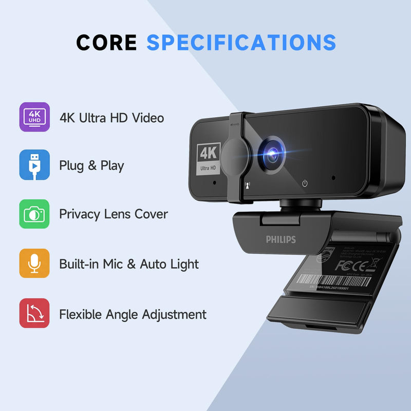 PHILIPS 4K Webcam for PC with Microphone, Computer Camera for Meetings | Plug & Play USB Web cam with Privacy Cover, for Laptop, Desktop, Zoom, Teams, Skype, Video Conferencing, Streaming, Black