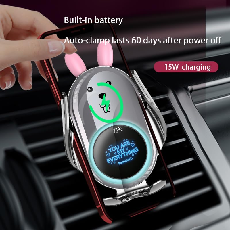 Cute Silver Rabbit Wireless Fast Charge Car Holder, Auto Clamp Vehicle Phone Mount