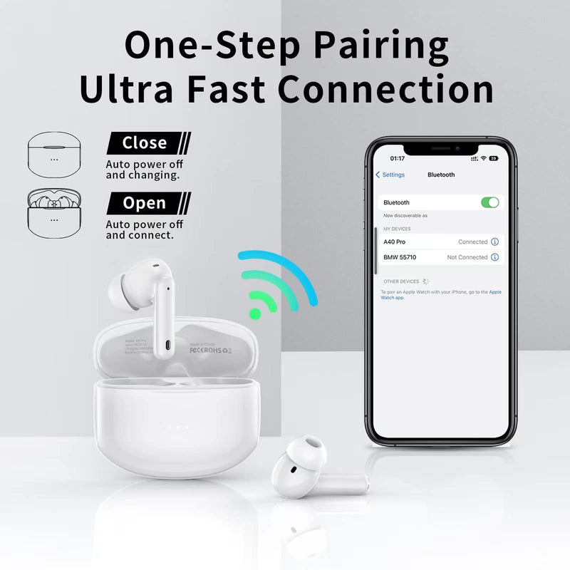 A40 Pro Wireless Earbuds, 50Hrs Playtime Bluetooth Earbuds Built in Noise Cancellation Mic with Charging Case, Bluetooth Headphones with Stereo Sound, IPX7 Waterproof Ear Buds for iPhone