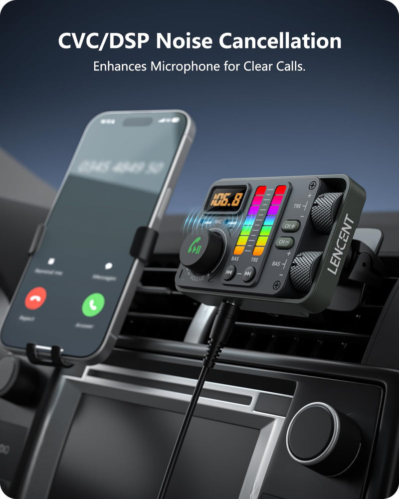[AUSTRALIA] - LENCENT Bluetooth Car Adapter, Bluetooth 5.3 FM Radio Transmitter with Hi-Fi Treble & Bass Music Player, PD20W and QC18W Fast Charger, Dual Mics for Hands-Free Call, Siri & Google, U Disk/3.5mm AUX 