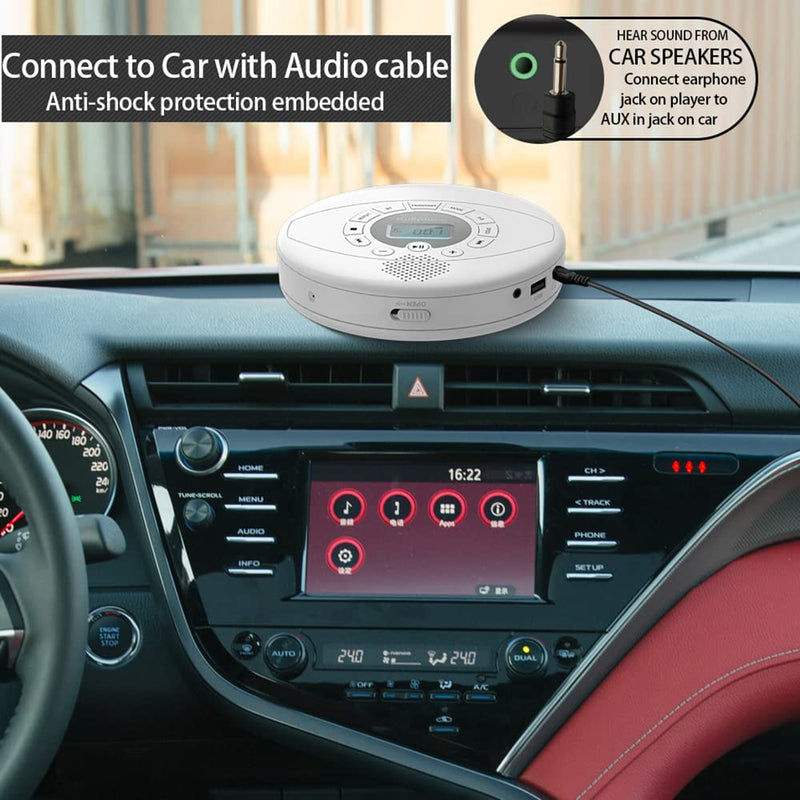 Portable CD Player, KUEPHOM Walkman CD Player with Headphones, Discman with Speaker,Anti-Skip CD Player for Car, Rechargeable 1500mAh, CD,USB disc playable with Memory, AUX in for audiobook, White