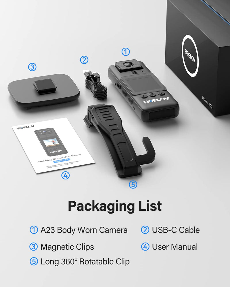 BOBLOV A23 Body Worn Camera, 180° Rotatable Video Camera, 2200mAh Battery with 9Hours Shooting, Night Vision, 1080P, Design for Lecture, Fishing, or Delivery(Memory Card Not Included)