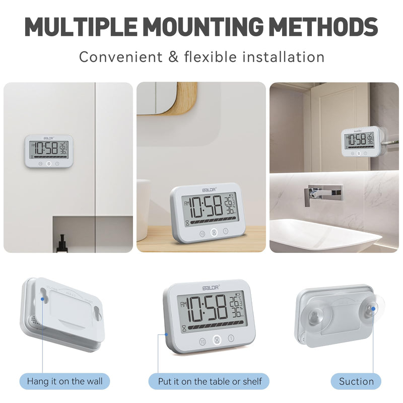 [AUSTRALIA] - Digital LCD Waterproof Timer Shower Clock, Waterproof for Water Spray, Bathroom Clock Wall Mount, Two Suction Cup, Displays Time, Temperature, and Indoor Relative Humidity (1, White) 1 