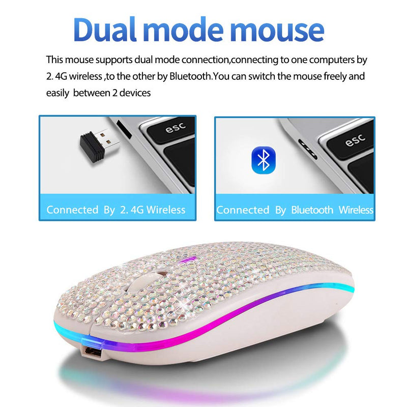 Attoe Bluetooth Mouse,Bling Dazzling 2.4GHz Rechargeable Wireless Mouse Slim Mouse with USB Receiver,Compatible with Notebook,PC,Laptop,Computer,MacBook,Great Gift idea for Her (White) White