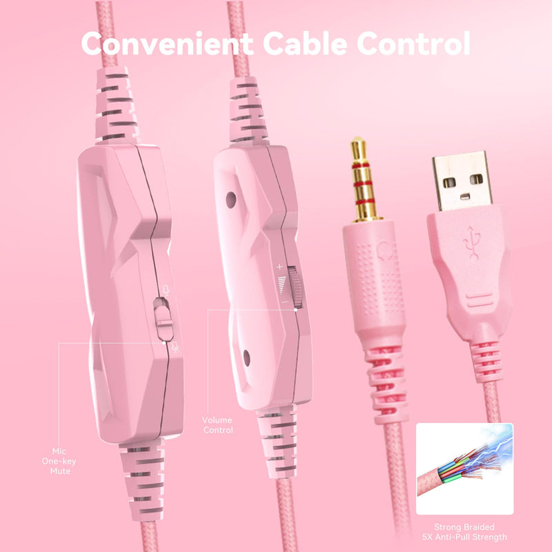 [AUSTRALIA] - Gaming Headset with Microphone for Pc, Xbox One Series X/s, Ps4, Ps5, Switch, Stereo Wired Noise Cancelling Over-Ear Headphones with Mic, RGB, for Computer, Laptop, Mac, Nintendo (Pink) Pink 