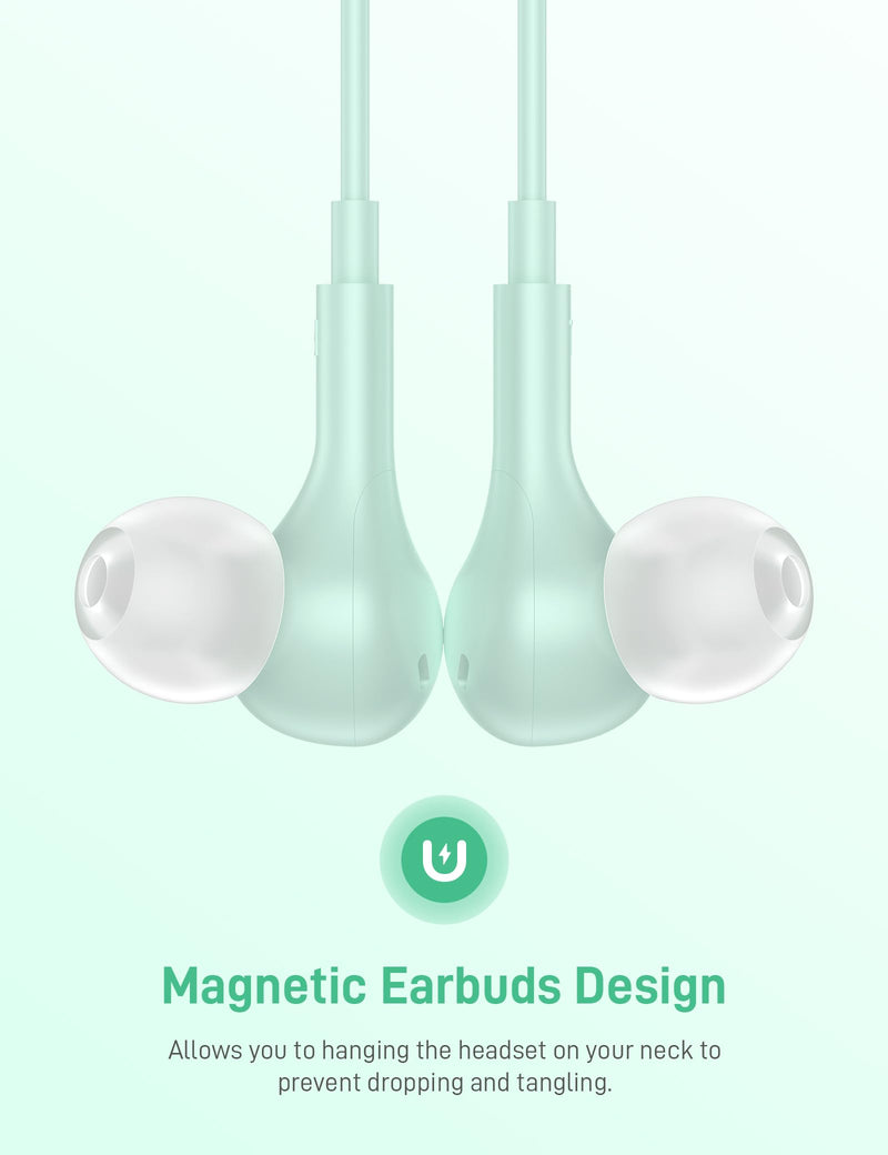 USB C Headphones for Apple iPhone 15 Plus iPad/Google Pixel 8 8A 7 Pro 7A/ Samsung Galaxy S24 S23 S22 S21 Ultra Android Earbud Wired Type C Earphones Magnetic Small Ear Buds with Microphone Mint