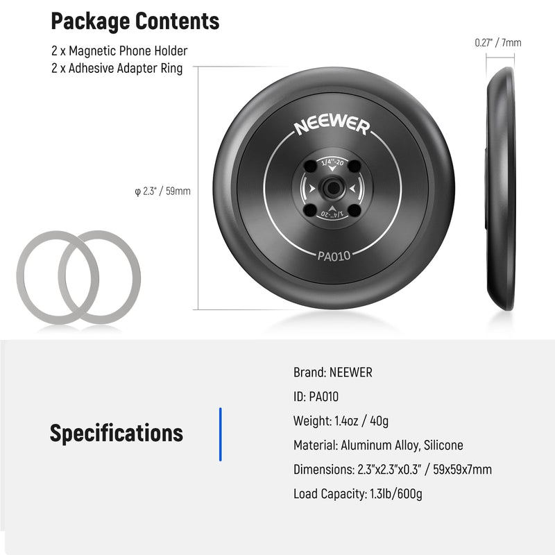Neewer Magnetic Phone Tripod Mount Adapter with Adhesive Magnetic Ring 2 Pack Compatible with MagSafe iPhone 16 15 Pro Max Plus 14 13 12, 1/4" Thread for Video Recording Selfie Stick Ring Light, PA010 PA010(2 Pack) w/Magnetic Ring