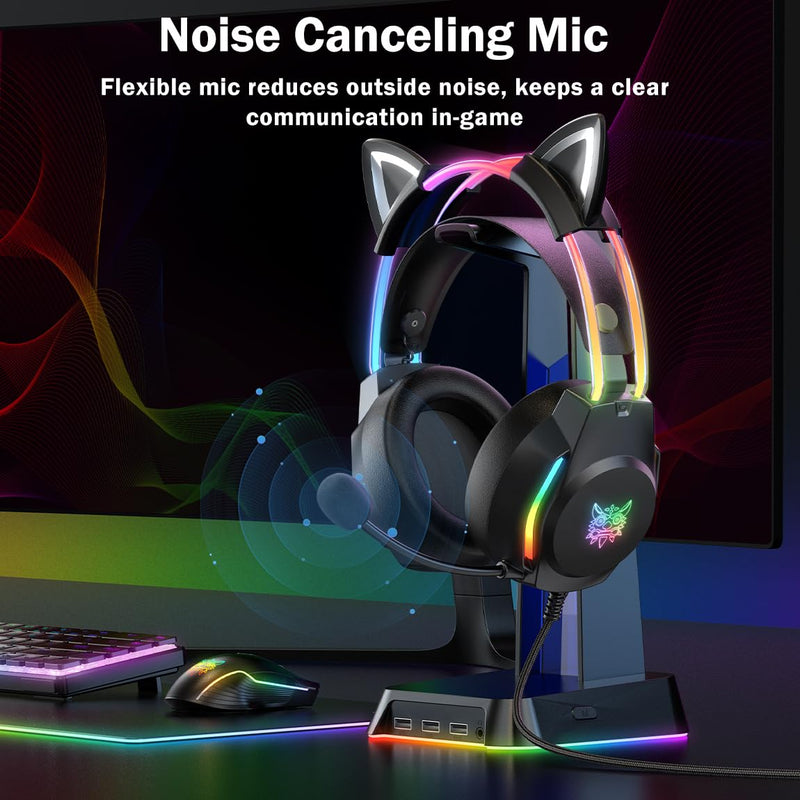 Gaming Headset with Microphone, Cat Ear Headphones for PC Laptop PS4 PS5 Xbox Switch, Rainbow RGB Lighting & Virtual Surround Sound, 3.5mm Wired Over Ear Headphones, Ergonomic Black Cat Ear