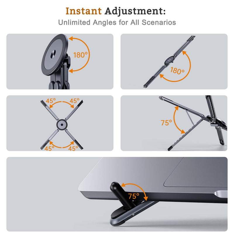 3-in-1 Portable Laptop Stand, Magnetic Tablet Phone Holder Mount | 8-Tier Ergonomic Lift Riser, Infinite Multi-angle Adjustable, N55 Strong Magnetic, Pocket Size for Travel, Vlog, Office Zoom Black