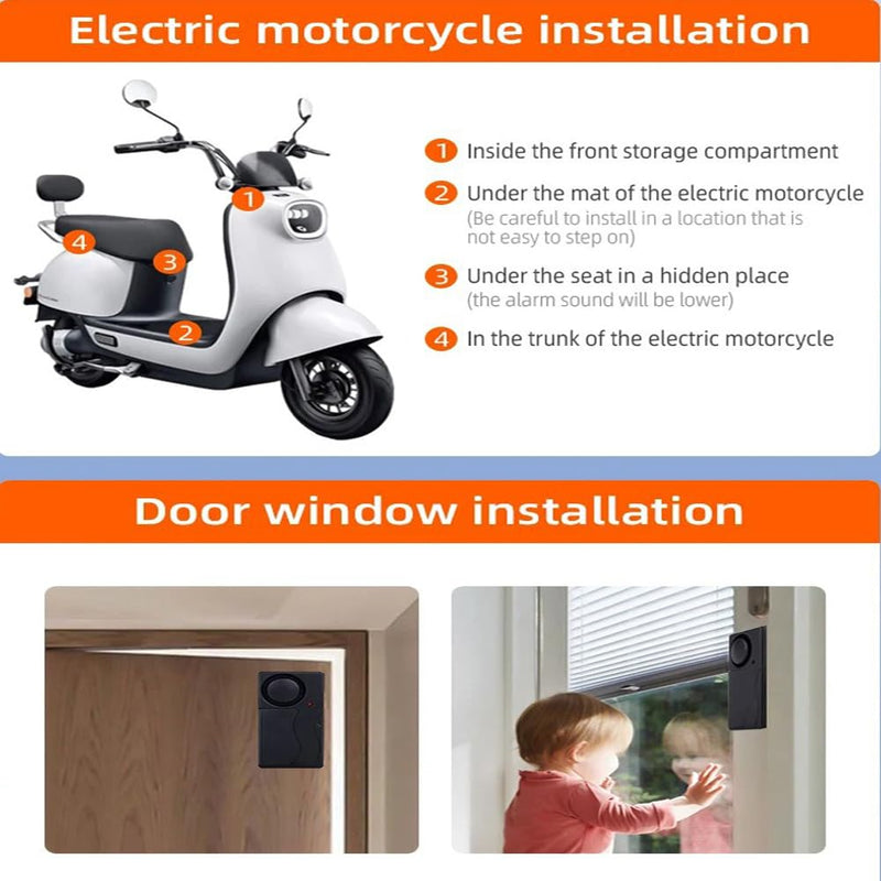 [AUSTRALIA] - Mengshen Wireless Anti Theft Vibration Door Window Alarm Motion Sensor with 2 Remote Control Burglar Alarm for Bicycle EBikes Scooter Car 110dB Loud (4 Sensors with 2 Remote Control) 