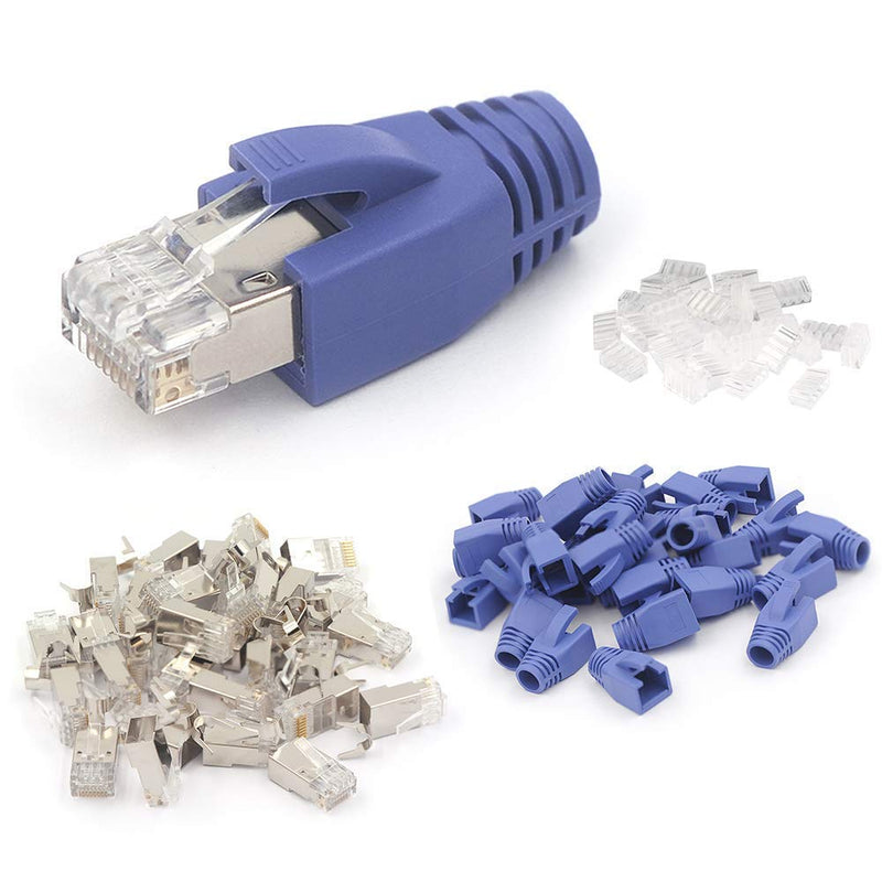 VCELINK Ethernet RJ45 Pass Through Crimping Tool Bundle with 30-Pack Nickel Plated Shielded Cat6A/Cat7 RJ45 Modular Plug with Strain Relief Boots