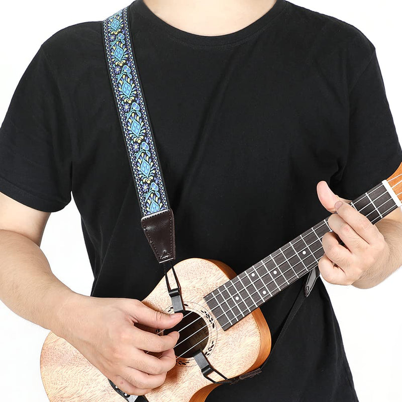 Ukulele Strap No Drill, Adjustable Double J Hook Clip on Uke Shoulder Strap, Hawaiian Jacquard Blue Flower Hands Free Ukelele Strap, Easy to Use and Fit Most Standard Uke Sizes Jacquard Blue Flowers