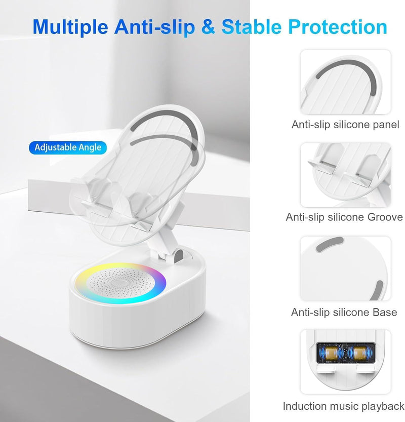 [AUSTRALIA] - Wireless Induction Audio Bluetooth Speaker 5in1 Phone Holder Emergency Rechargeable (3000mAh) with Colorful Ambient Light 300° Foldable for Tablet iPhone Android, Gifts for Men Women (White) White 
