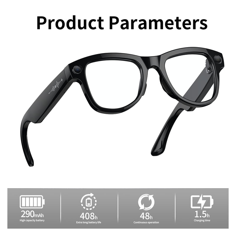 AI Smart Glasses with Camera Stabilization - 8MP POV Video Recording, Real-Time AI Translation, Smart Assistant, Dual-Mic Noise Canceling for Travel & Meetings - Anti-Blue Light, Black Frame