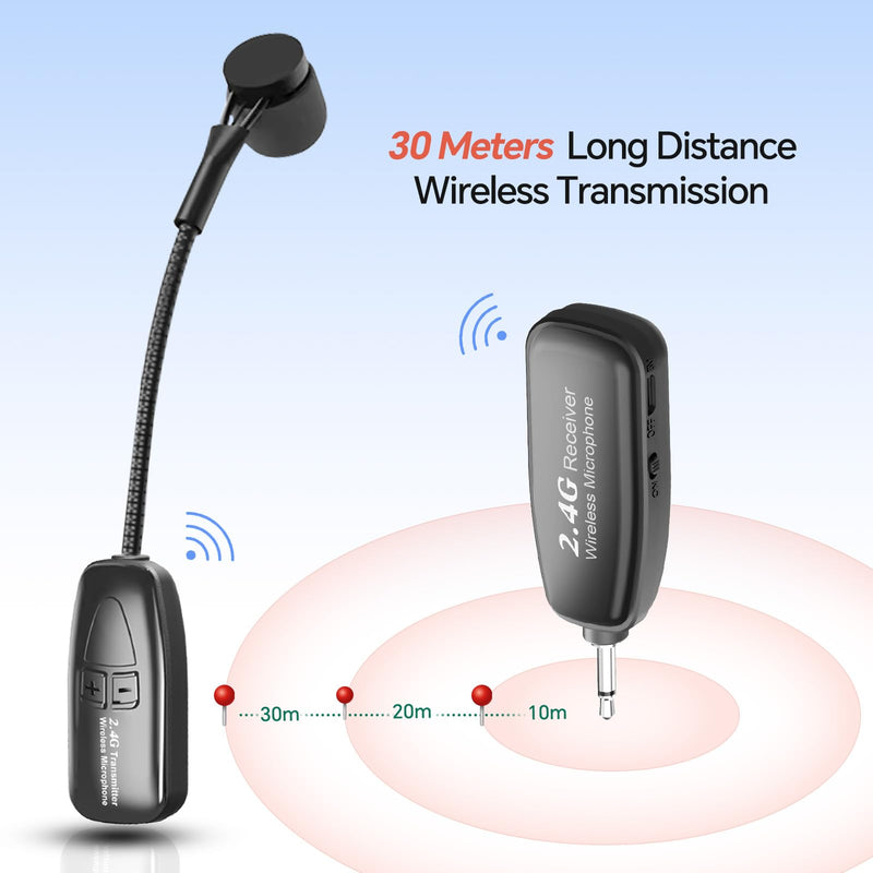 Wireless Saxophone Microphone, 2.4G Clip Instruments Mic, Rechargeable Transmitter and Receiver, 100ft Range, Great for Sax, Trumpet, Tuba, Trombone, Cornet, FrenchHorn