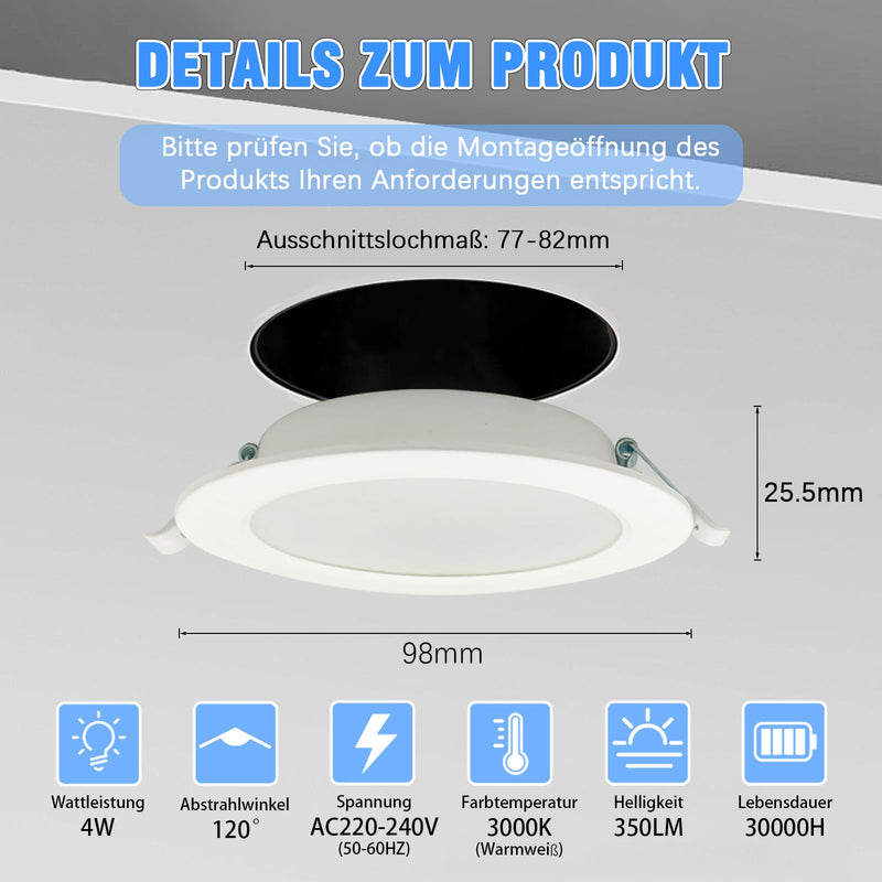 WeshLMPO LED Recessed Spotlights, 230 V, Flat Set of 6, 4 W Ceiling Spotlights, LED Spotlights, IP44 Ceiling Spotlights, LED Recessed Lights, 350 Lumens, Warm White, 3000 K, for Bedroom, Bathroom, 3000k Warm White 4W / 6er Set
