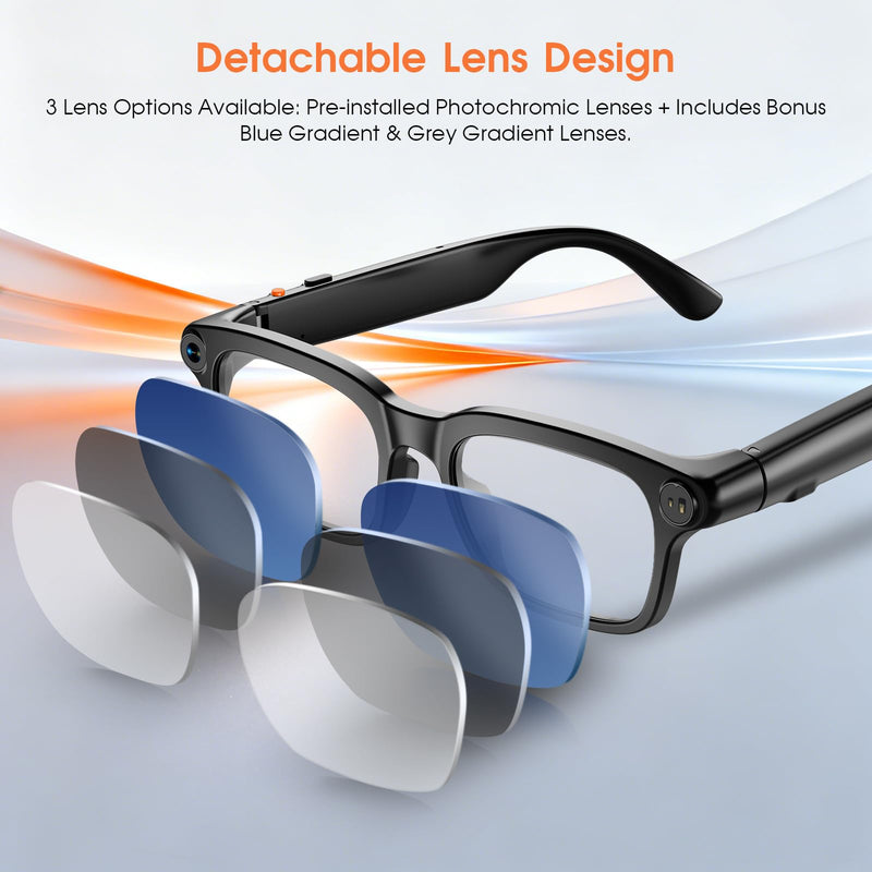AI Smart Glasses with Camera, Interchangeable Lenses & Bluetooth Audio | 8MP Camera, 3-Lens System, AI Translation, Open-Ear Audio, Outdoor Smart Eyewear for Cycling, Travel & Sports Black-M08