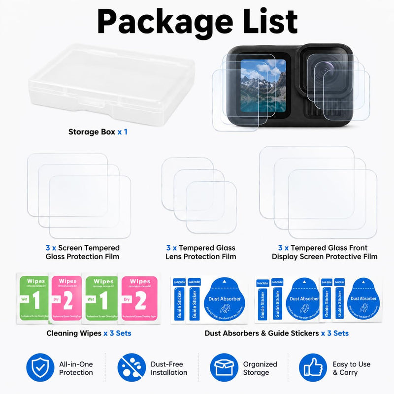 Screen Protector Compatible with GoPro Hero 13 Hero13 Black HD 9H Hardness | GoPro Hero 13 Screen Protector With 9H Tempered Glass[9 PCS], HD Clarity, 2.5D Edges, 3-pack Protection