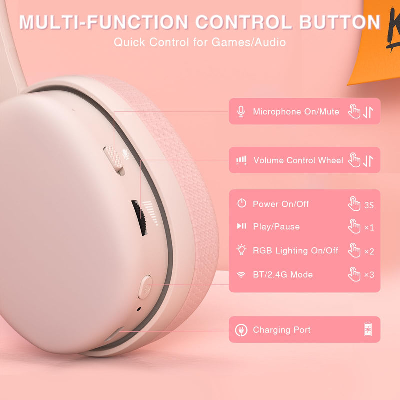 [AUSTRALIA] - AULA G7 Pro Wireless Gaming Headset with 7.1 Surround Sound, 40mm Driver, BT5.3 Gaming Headphones with Mic, RGB, 10ms Latency, 65H Battery, Pink Gaming Headset for PS5,PS4, Switch,Xbox,PC,Phone, Mac G7 Pro-Pink 