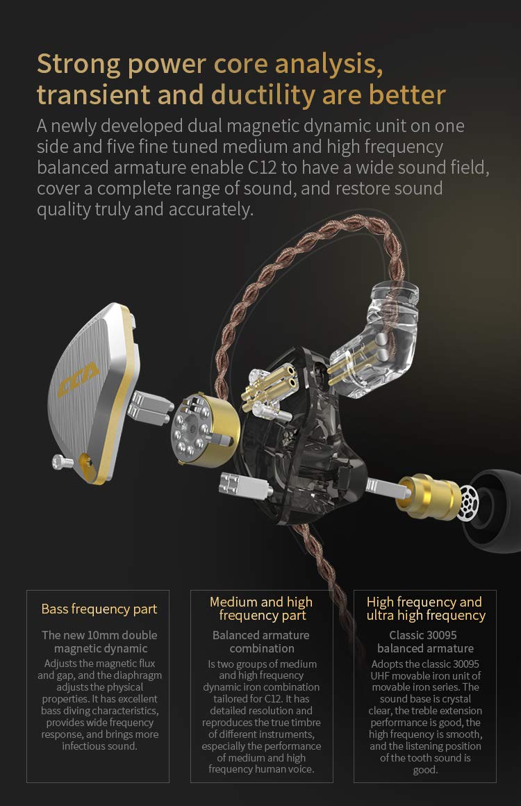 CCA C12 in Ear Monitor Headphones 5BA 1DD Hybrid HiFi IEM Earphones Noise Isolating Stereo Wired Earbuds for Musicians Audiophile Singers DJ no mic Gold
