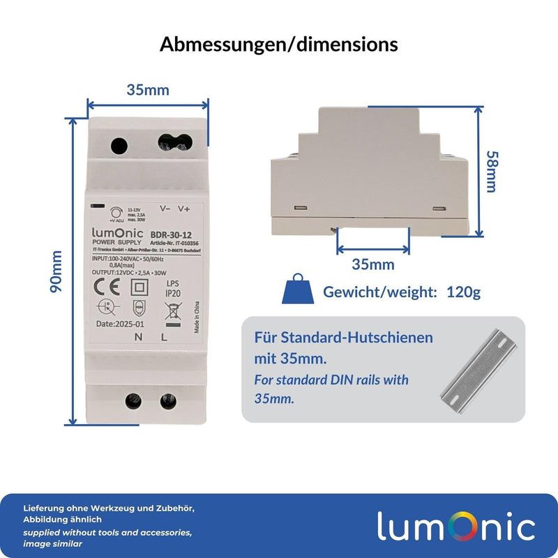 Lumonic I Power Supply DIN Rail BDR-30-12 I 12 V / 30 W I Input 100-240 VAC I Overload Protection & Short Circuit Proof I DIN-Rail Switching Power Supply I Control Cabinet & 12V