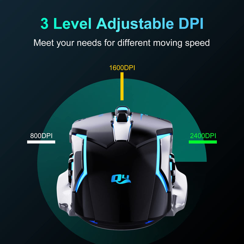 QELIROKY QV13 New 2.4G Wireless Rechargeable Gaming Mouse Silent Click with 6 Buttons, 3 Adjustable Levels DPI , Colorful LED Lights for Laptop, iPad, MacOS, PC, Windows, Android (Black)