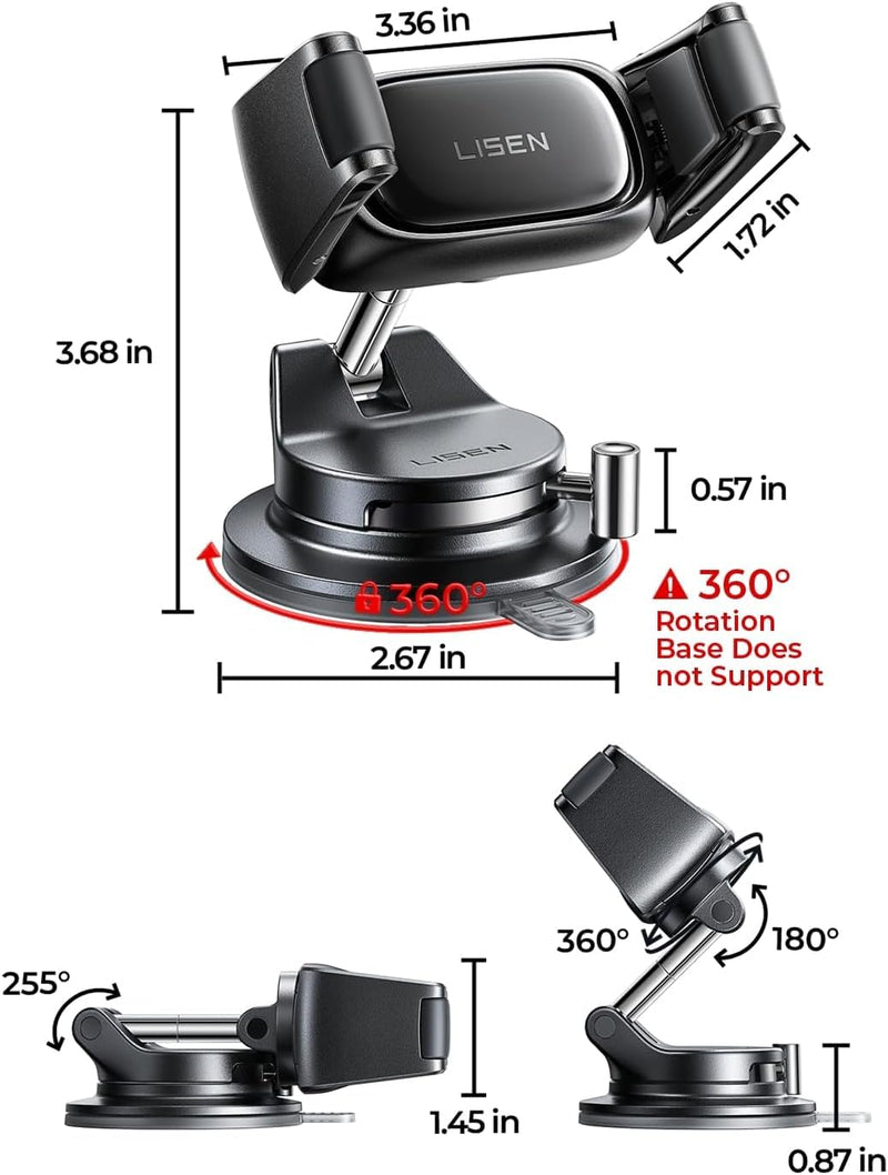 LISEN Suction Phone Mount for Car, [Ultra Suction & 95% Cases Friendly] Car Phone Holder Mount Vacuum Dashboard Phone Holder, Car Cell Phone Holder for iPhone 17 16 15 14 Pro Max Air Galaxy S26 S25 Black