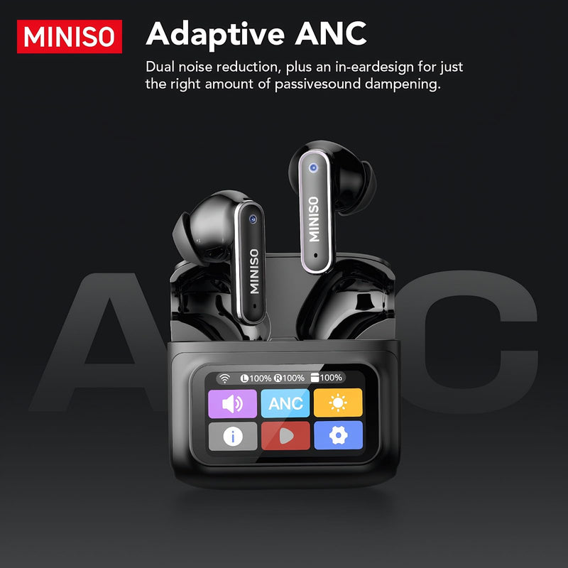 MINISO MS128 ANC Bluetooth 6.0 in-Ear Earbuds Touch Screen Charging Case | Adaptive Noise Cancellation HD Call Mic, IPX5 Sweatproof, 24H Long Playtime Ergonomic Fit for Commute Travel Sports Daily Use Black