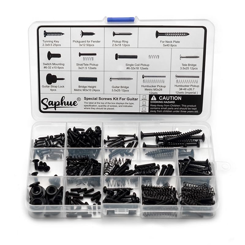 SAPHUE Guitar Screw Kit,201pcs Telecaster Kit, Pickguard Screws， Switch Plate Screws,For Fender/Tele/Strat/Sq,Tuner,Machine Head, Neck Plate,Guitar Strap End Pins,Pickup,Bridge, Guitar Repair Kit multi-size Black