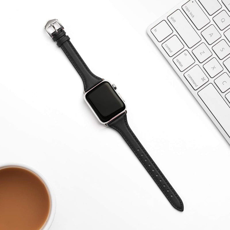 Slim Apple Watch Leather Band and Stainless Steel Metal Band for iWatch 38mm, 40mm, and 41mm，Black Silver+Metal Silver