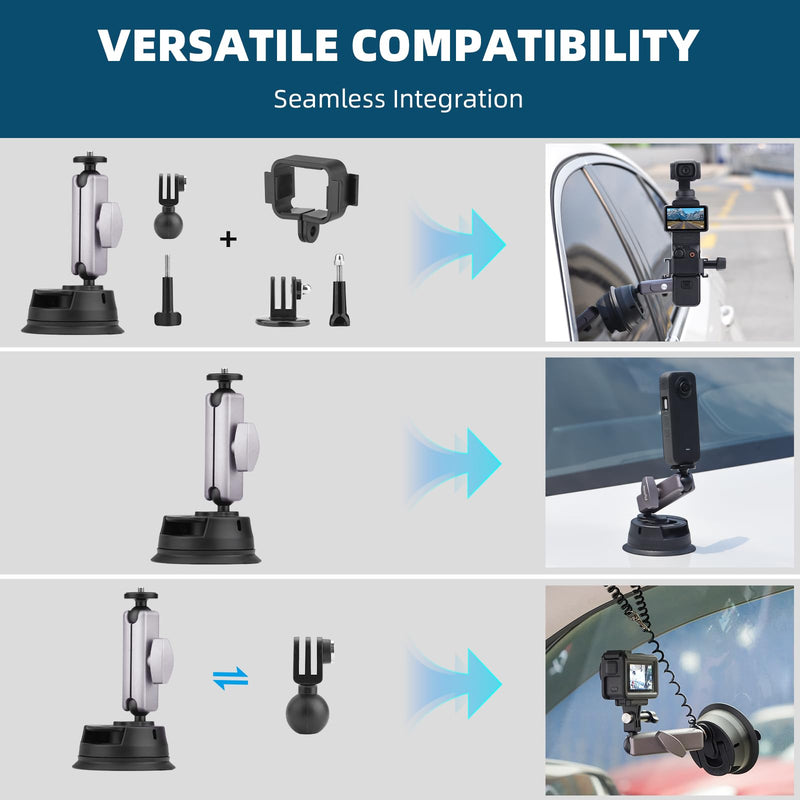 Pocket 3 Suction Cup Mount, Car Mount Windshield and Window Camera Holder for DJI Osmo Pocket 3 2, Action 4, Insta360 X4 X3 Go 3S, GoPro Hero 12 11 10 9 Accessories - Aluminum Alloy Metal