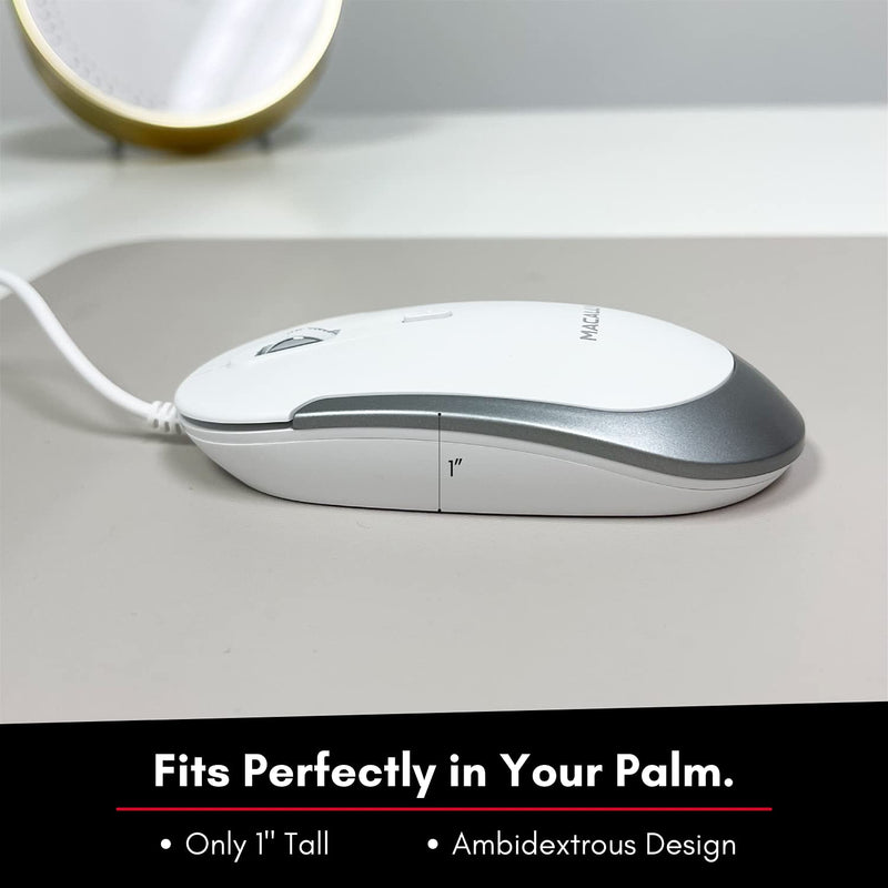 Macally Silent Wired Mouse - Slim & Compact USB Mouse for Laptop/Desktop Windows PC or Apple Mac - Designed with Optical Sensor & DPI Switch - Simple & Comfortable Wired Computer Mouse (White) White with Silver Trim