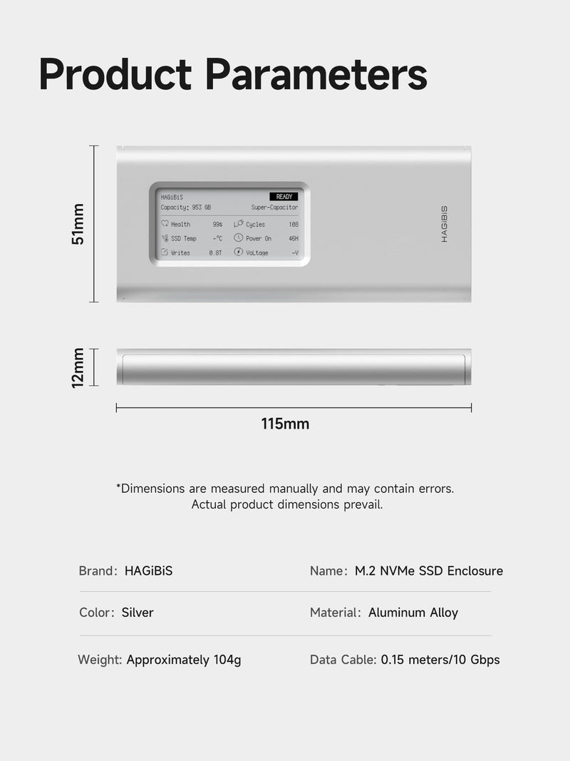 Hagibis SSD Enclosure, E-Ink Display Aluminum 10Gbps M.2 NVMe SSD Case, Ink Screen Super Capacitor USB 3.2 Gen 2 to PCI-E NVMe M and B&M Keys External SSD Enclosure for 2230/2242/2260/2280 SSDs 9210CN
